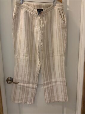 Ellen Tracy Cream and Tan Striped Drawstring Pants 100% linen
